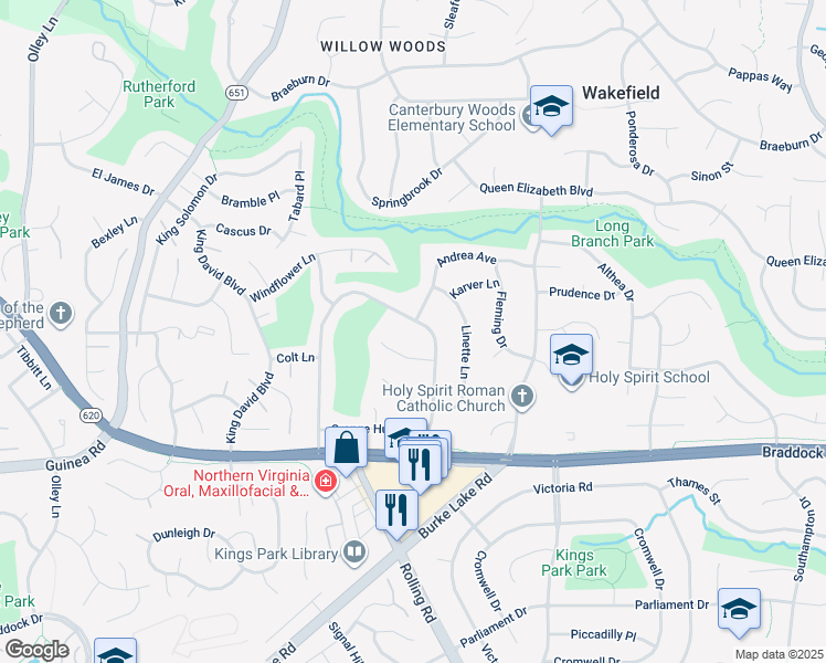 map of restaurants, bars, coffee shops, grocery stores, and more near 4849 Red Fox Drive in Annandale