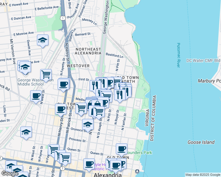 map of restaurants, bars, coffee shops, grocery stores, and more near 503 Montgomery Street in Alexandria