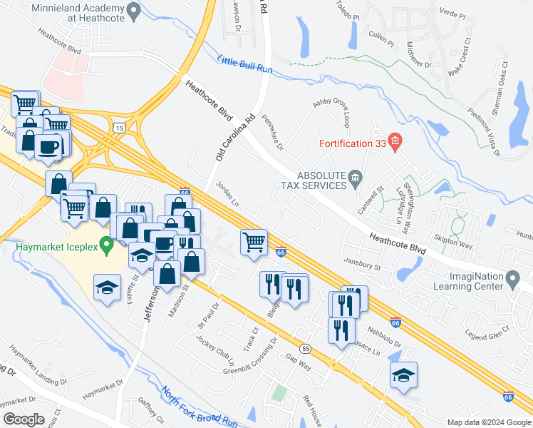 map of restaurants, bars, coffee shops, grocery stores, and more near 14810 Jordan Lane in Haymarket