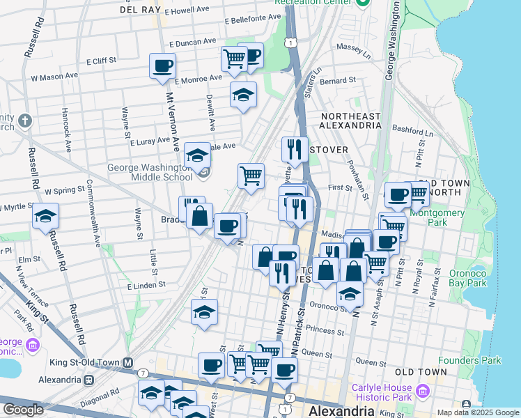 map of restaurants, bars, coffee shops, grocery stores, and more near 1261 Madison Street in Alexandria