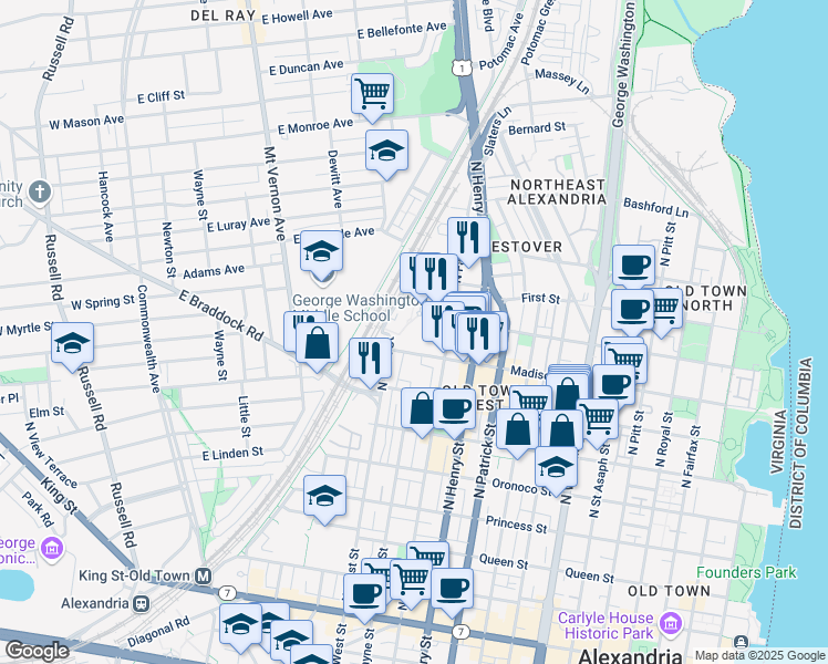 map of restaurants, bars, coffee shops, grocery stores, and more near 1261 Madison Street in Alexandria