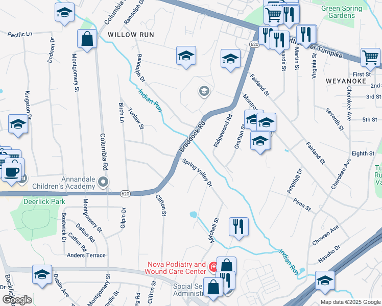 map of restaurants, bars, coffee shops, grocery stores, and more near 6556 Spring Valley Drive in Alexandria