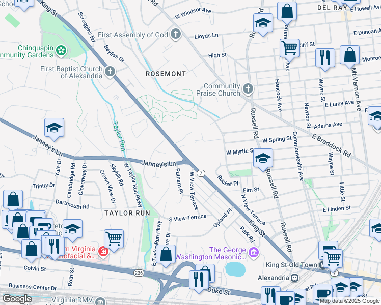 map of restaurants, bars, coffee shops, grocery stores, and more near 2705 King Street in Alexandria