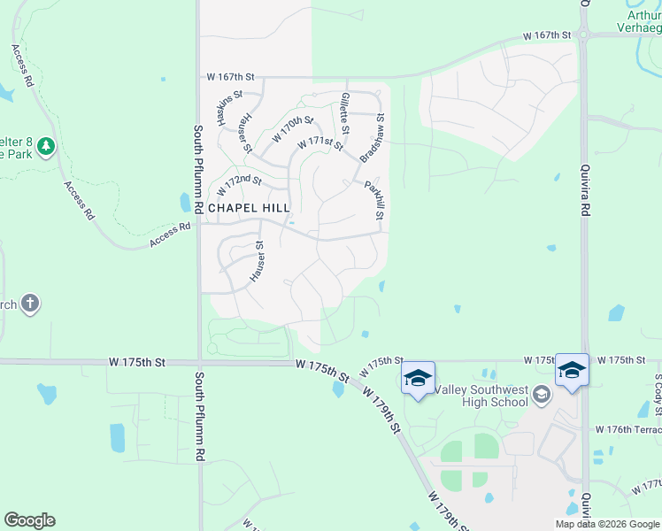 map of restaurants, bars, coffee shops, grocery stores, and more near 17348 Bradshaw Street in Overland Park