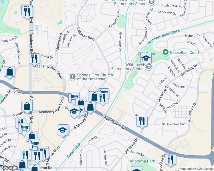 map of restaurants, bars, coffee shops, grocery stores, and more near 1210 Firefly Circle in Colorado Springs