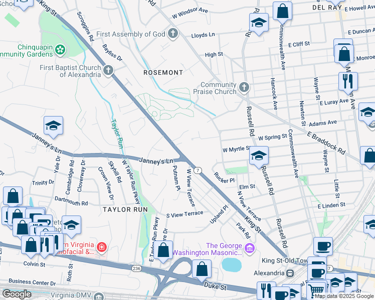 map of restaurants, bars, coffee shops, grocery stores, and more near 2705 King Street in Alexandria