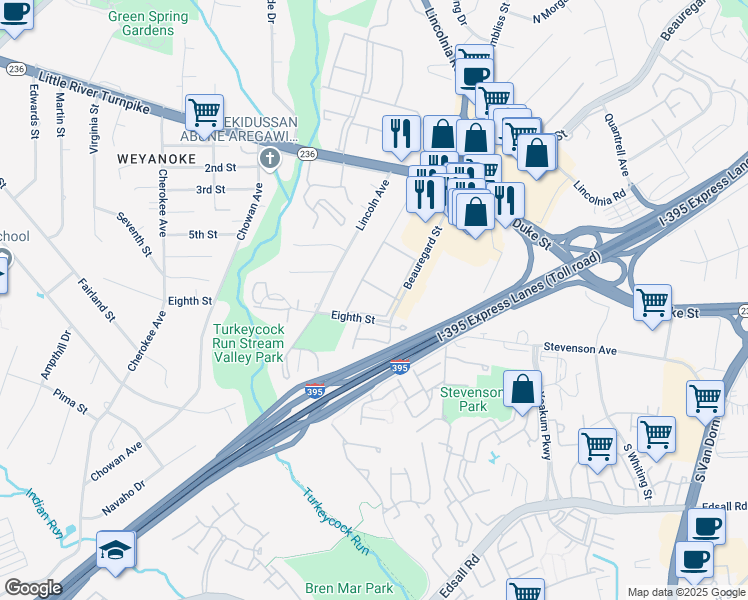 map of restaurants, bars, coffee shops, grocery stores, and more near 4949 Manitoba Drive in Alexandria