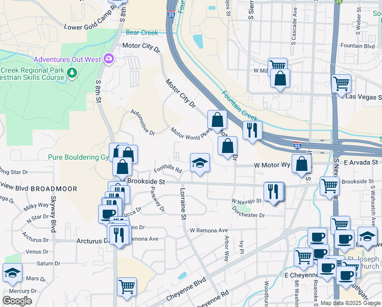 map of restaurants, bars, coffee shops, grocery stores, and more near 380 Crestone Lane in Colorado Springs