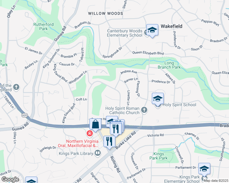 map of restaurants, bars, coffee shops, grocery stores, and more near 4849 Red Fox Drive in Annandale