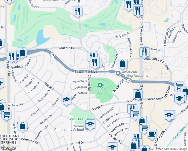 map of restaurants, bars, coffee shops, grocery stores, and more near in Colorado Springs