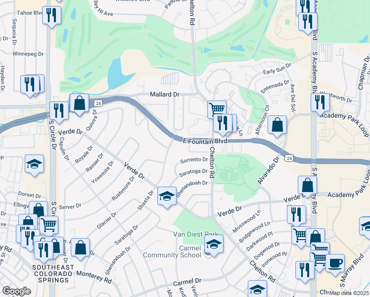 map of restaurants, bars, coffee shops, grocery stores, and more near 1310 Sorrento Drive in Colorado Springs