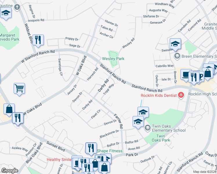 map of restaurants, bars, coffee shops, grocery stores, and more near 5532 Tripp Way in Rocklin