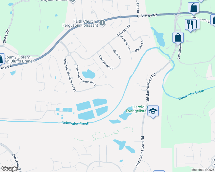 map of restaurants, bars, coffee shops, grocery stores, and more near 4643 Behlmann Farms Boulevard in Florissant