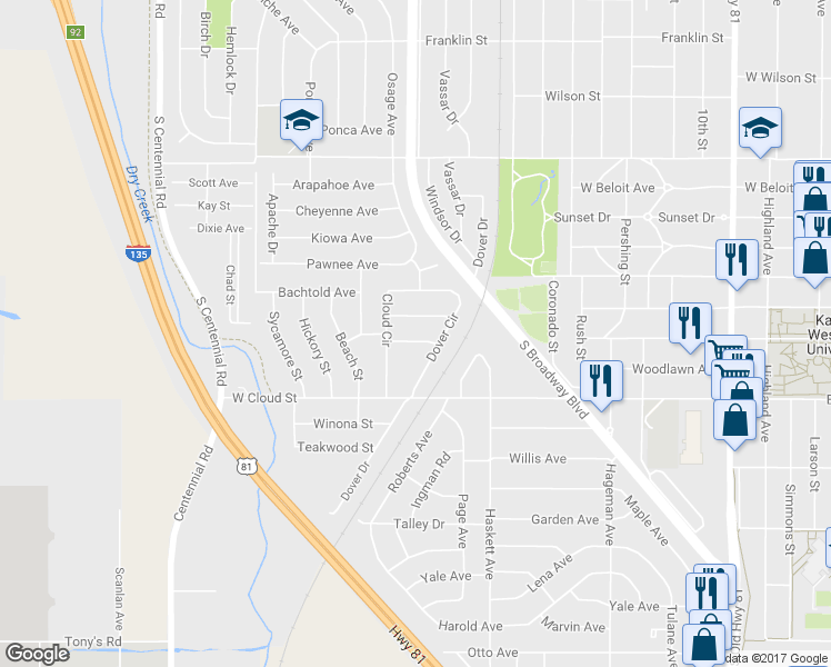 map of restaurants, bars, coffee shops, grocery stores, and more near 1124 Oak Circle in Salina