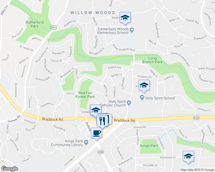 map of restaurants, bars, coffee shops, grocery stores, and more near 4840 Red Fox Drive in Annandale