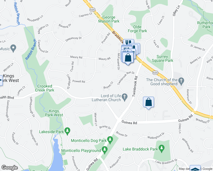 map of restaurants, bars, coffee shops, grocery stores, and more near 9644 Boyett Court in Fairfax