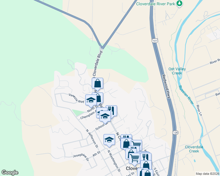 map of restaurants, bars, coffee shops, grocery stores, and more near 101 Kay Street in Cloverdale