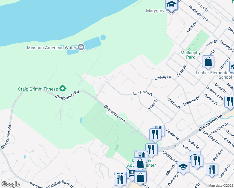 map of restaurants, bars, coffee shops, grocery stores, and more near 2684 Blue Heron Drive in Florissant
