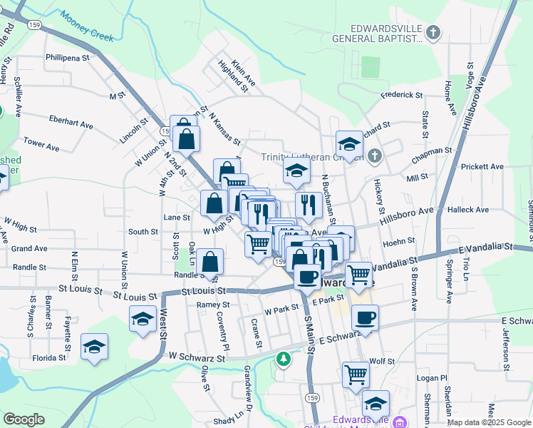 map of restaurants, bars, coffee shops, grocery stores, and more near 228 North Main Street in Edwardsville