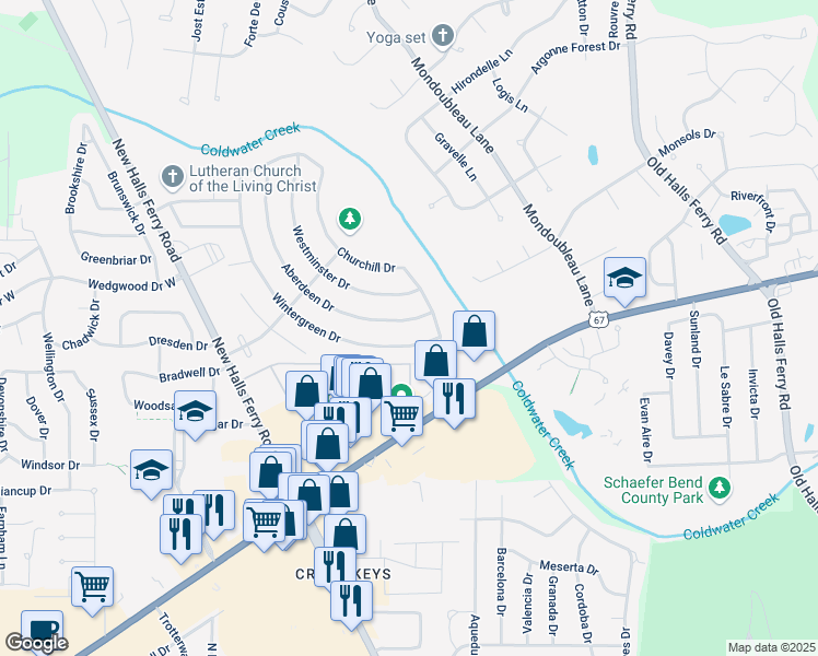 map of restaurants, bars, coffee shops, grocery stores, and more near 3151 Wintergreen Drive in Florissant