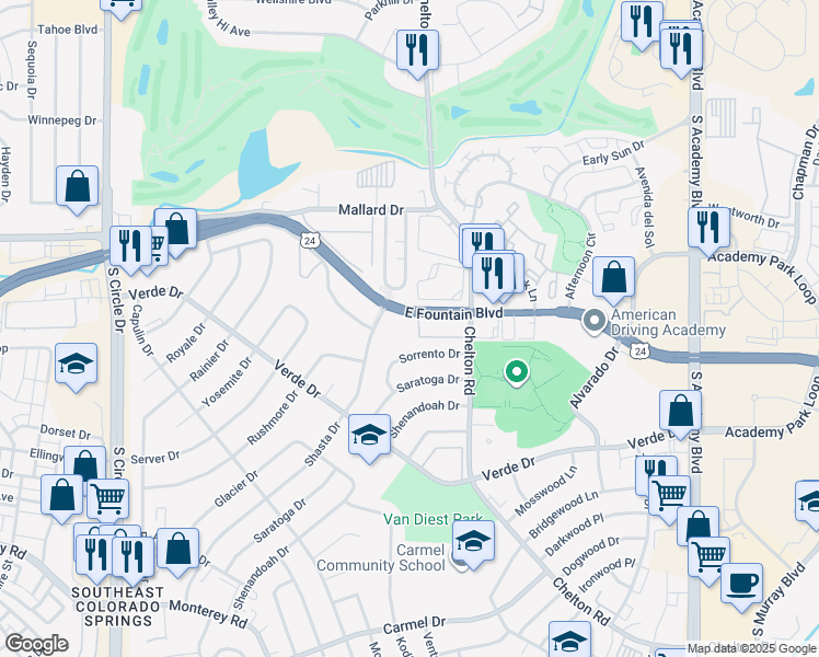map of restaurants, bars, coffee shops, grocery stores, and more near 1310 Sorrento Drive in Colorado Springs