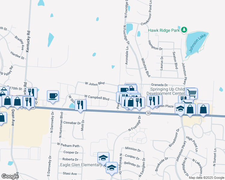 map of restaurants, bars, coffee shops, grocery stores, and more near 1310 West Jenkins Boulevard in Raymore