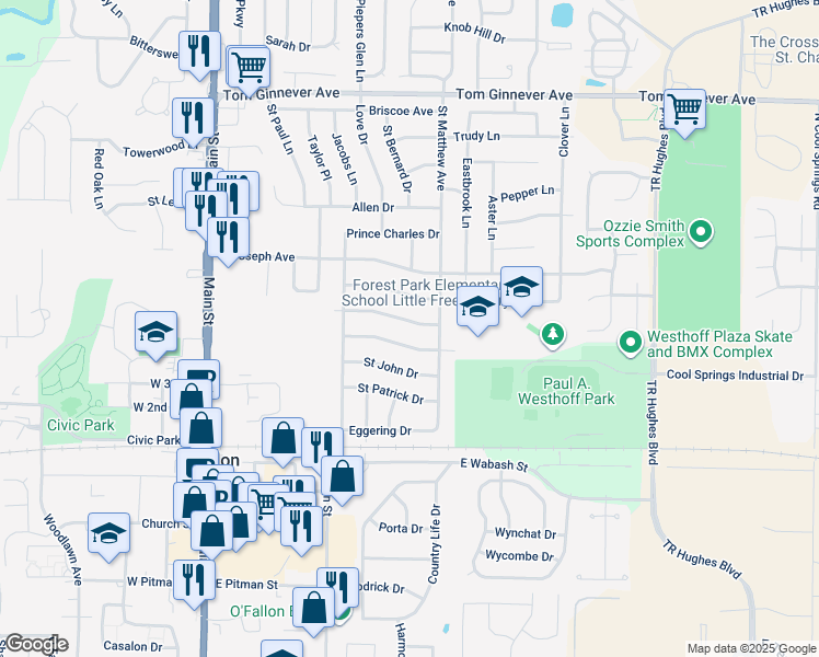 map of restaurants, bars, coffee shops, grocery stores, and more near 502 Saint Christopher Drive in O'Fallon
