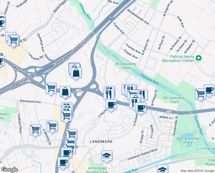 map of restaurants, bars, coffee shops, grocery stores, and more near 101 North Ripley Street in Alexandria