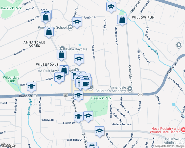 map of restaurants, bars, coffee shops, grocery stores, and more near 5016 Kingston Drive in Annandale