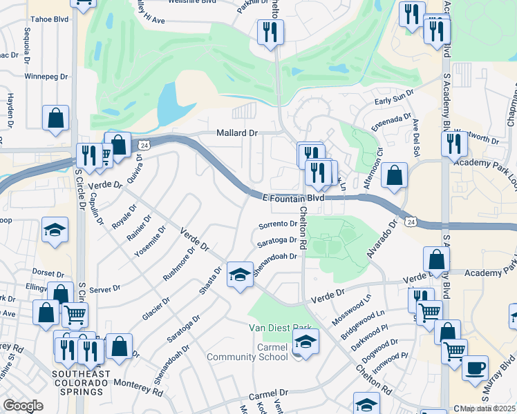 map of restaurants, bars, coffee shops, grocery stores, and more near 3125 East Fountain Boulevard in Colorado Springs