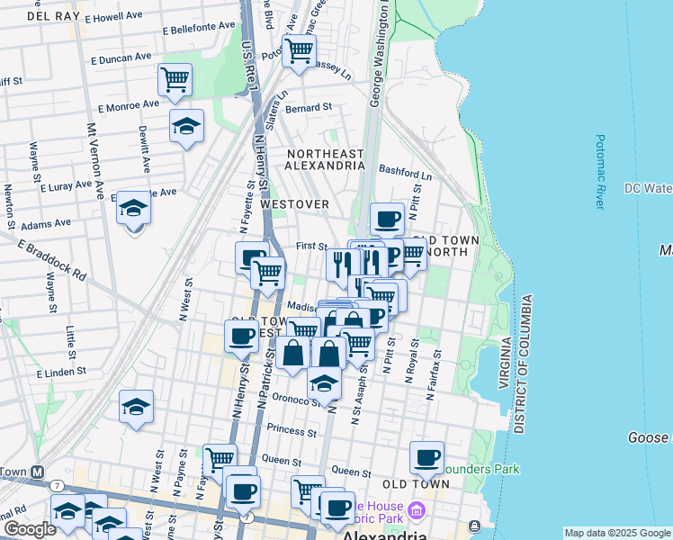 map of restaurants, bars, coffee shops, grocery stores, and more near 910 Powhatan Street in Alexandria