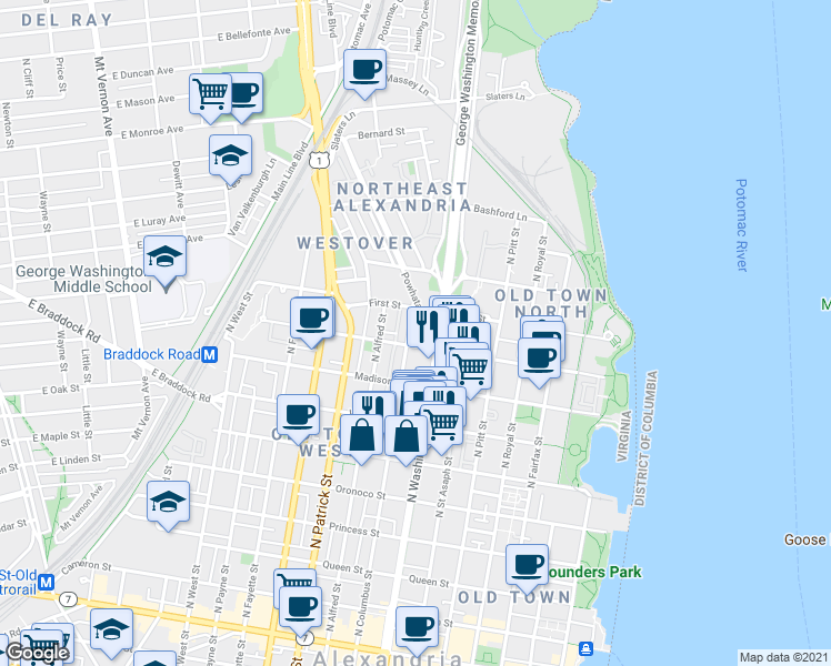 map of restaurants, bars, coffee shops, grocery stores, and more near 910 Powhatan Street in Alexandria