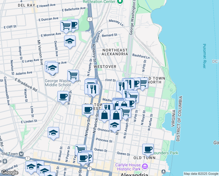 map of restaurants, bars, coffee shops, grocery stores, and more near 923 North Alfred Street in Alexandria