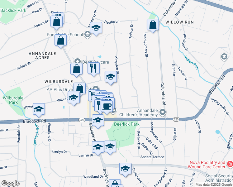 map of restaurants, bars, coffee shops, grocery stores, and more near 5016 Kingston Drive in Annandale