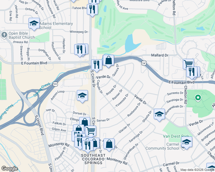 map of restaurants, bars, coffee shops, grocery stores, and more near 1232 Royale Drive in Colorado Springs