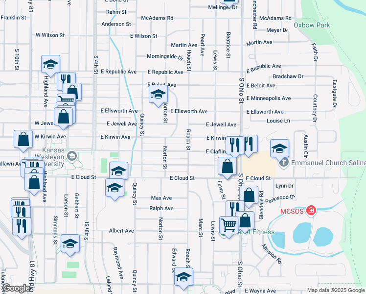 map of restaurants, bars, coffee shops, grocery stores, and more near 532 East Claflin Avenue in Salina