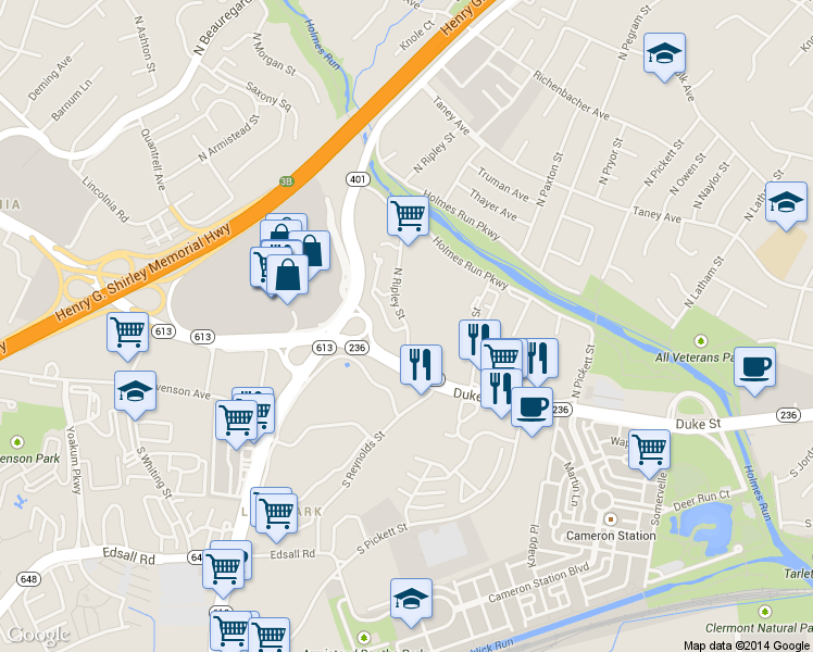 map of restaurants, bars, coffee shops, grocery stores, and more near 152 North Ripley Street in Alexandria
