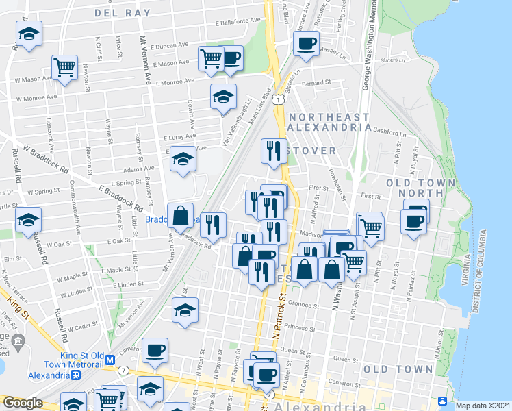 map of restaurants, bars, coffee shops, grocery stores, and more near 1200 Braddock Place in Alexandria