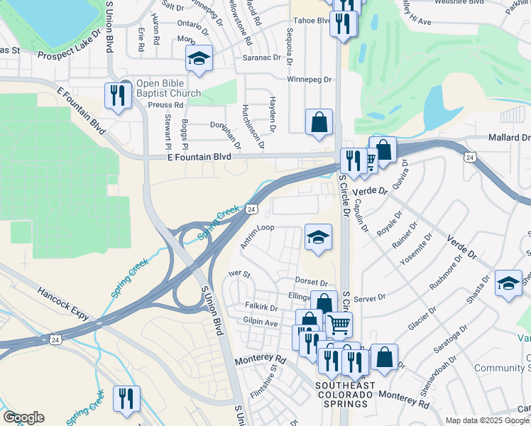 map of restaurants, bars, coffee shops, grocery stores, and more near 1097 Antrim Loop in Colorado Springs