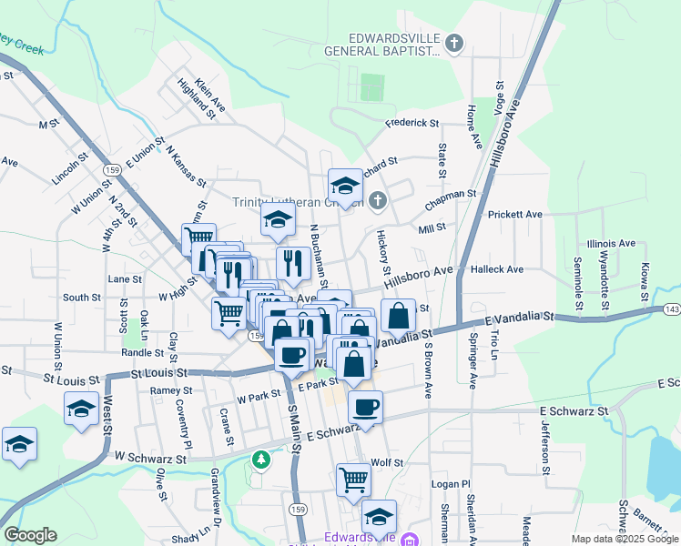 map of restaurants, bars, coffee shops, grocery stores, and more near 204 North Buchanan Street in Edwardsville