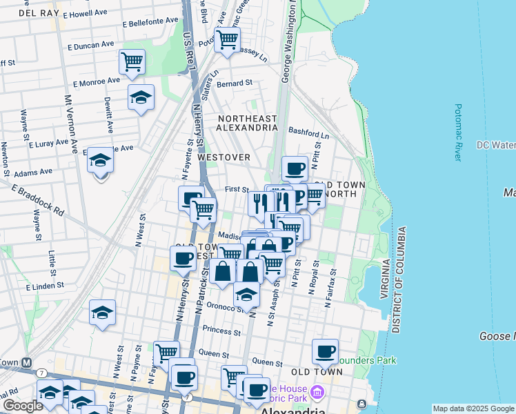 map of restaurants, bars, coffee shops, grocery stores, and more near 900 North Washington Street in Alexandria