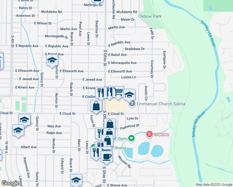 map of restaurants, bars, coffee shops, grocery stores, and more near 1200 East Kirwin Avenue in Salina