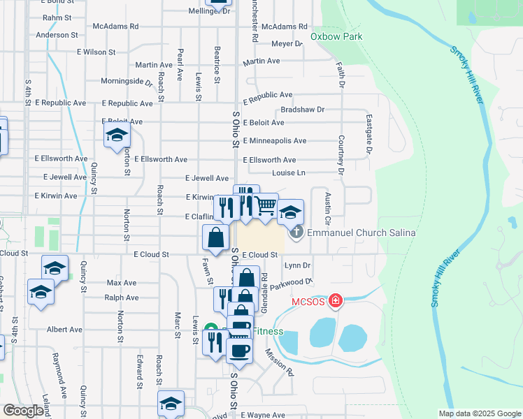 map of restaurants, bars, coffee shops, grocery stores, and more near 1200 East Kirwin Avenue in Salina
