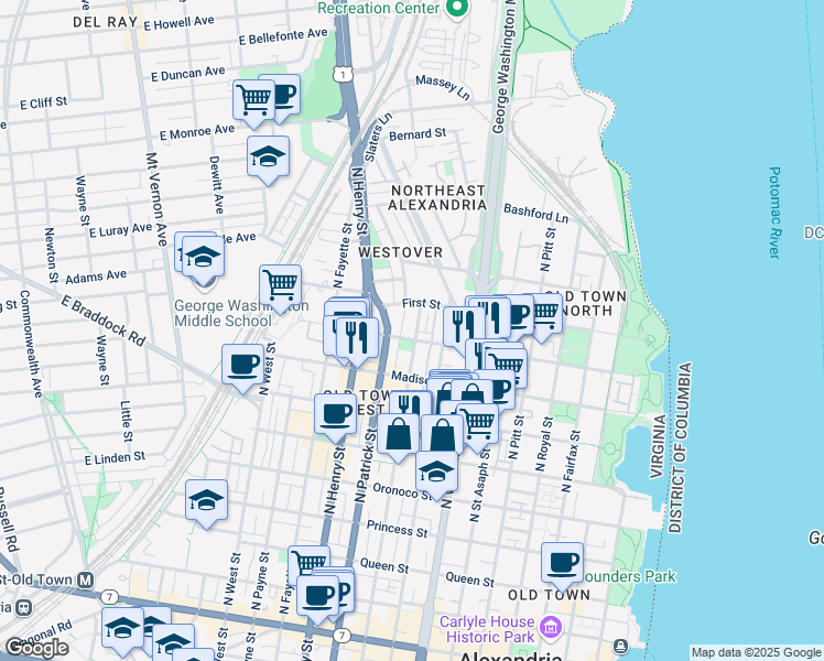 map of restaurants, bars, coffee shops, grocery stores, and more near 908 North Alfred Street in Alexandria