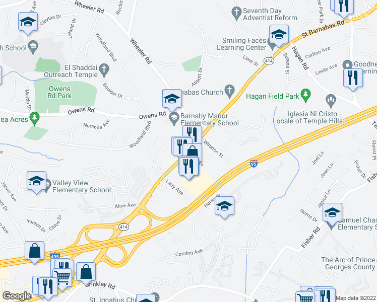 map of restaurants, bars, coffee shops, grocery stores, and more near 5494 St Barnabas Rd in Oxon Hill