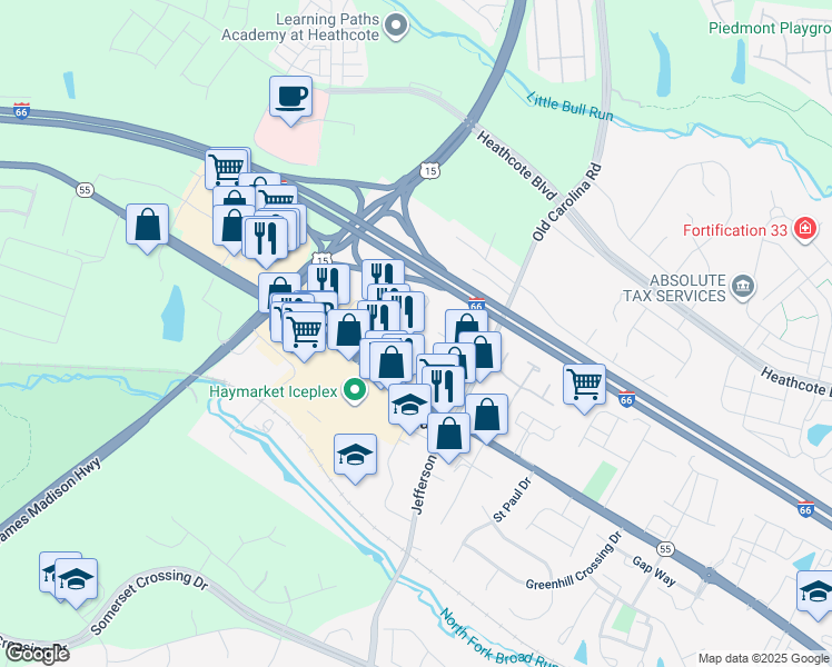 map of restaurants, bars, coffee shops, grocery stores, and more near 15010 Jaxton Square Lane in Haymarket