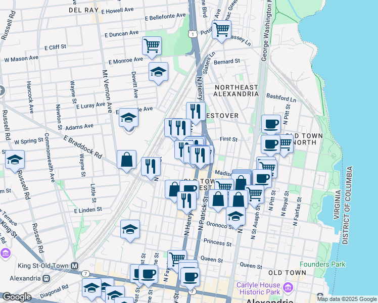 map of restaurants, bars, coffee shops, grocery stores, and more near 1200 Braddock Place in Alexandria