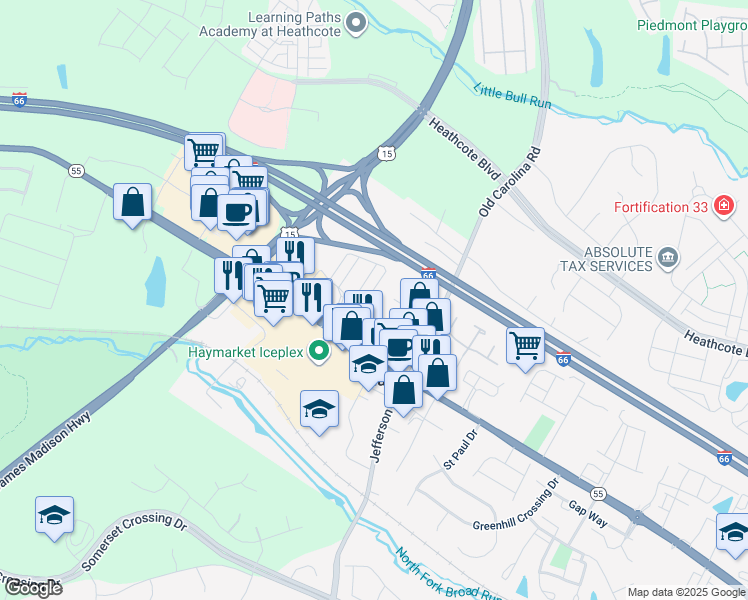 map of restaurants, bars, coffee shops, grocery stores, and more near 15010 Jaxton Square Lane in Haymarket