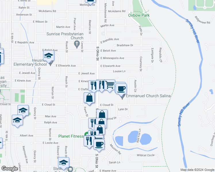 map of restaurants, bars, coffee shops, grocery stores, and more near 1200 East Kirwin Avenue in Salina