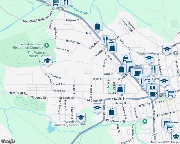 map of restaurants, bars, coffee shops, grocery stores, and more near 801 Kingshighway Street in Edwardsville
